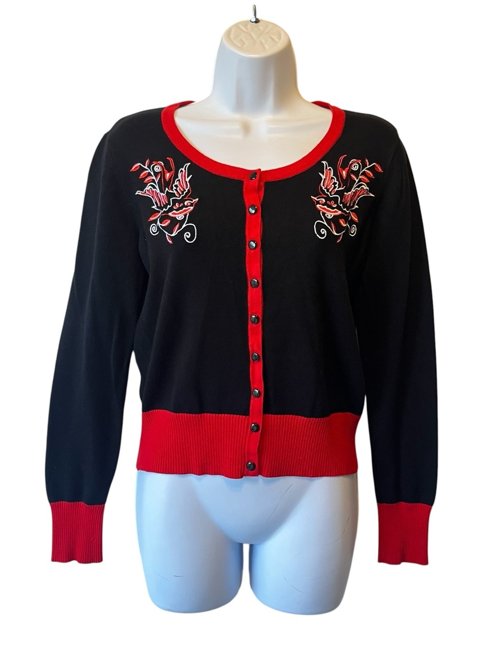 Voodoo Vixen rockabilly cardigan sweater XL Black red Bird applique Womens Pinup - Picture 3 of 8